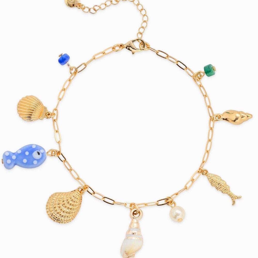 Tidepool Treasure Charm Anklet | Blue Ceramic Fish & Shell